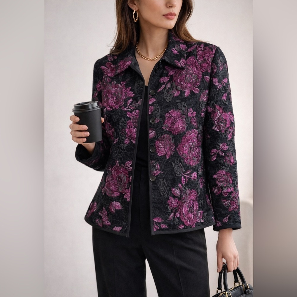 TanJay Floral Jacquard Black Purple Roses Button Front Women’s 8 Office Core